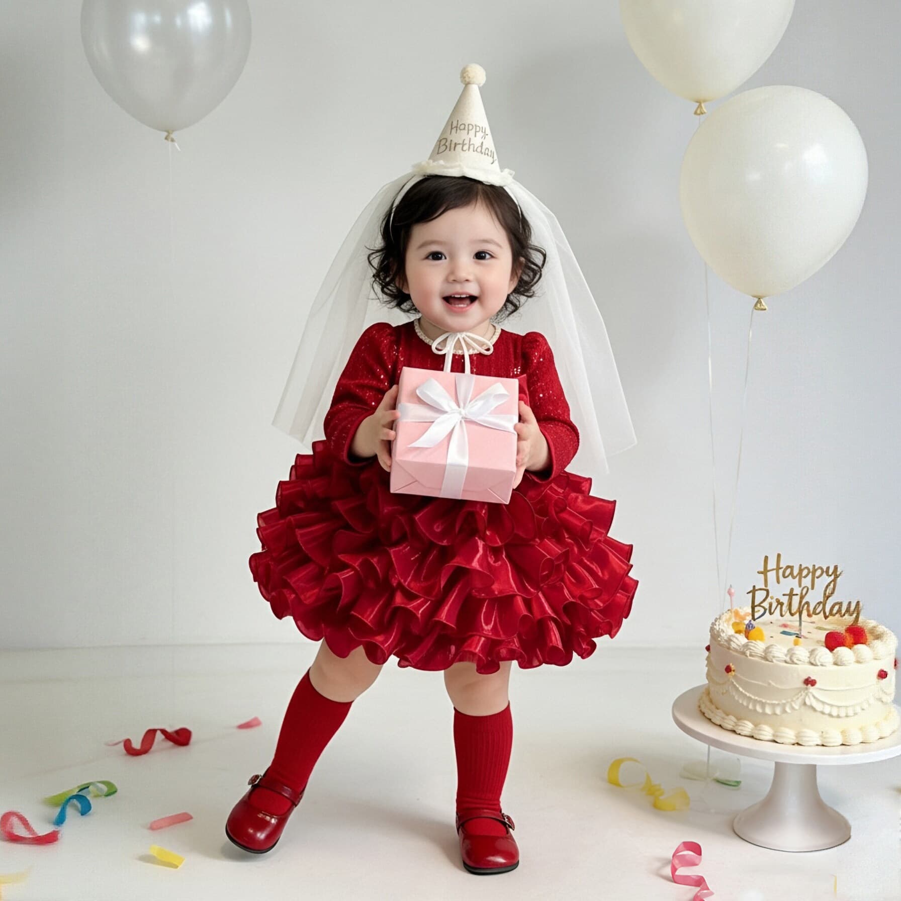 Girls Princess Dress Gown Winter Birthday Party Dress Elegant High-End Red Dress Children's New Year Visiting Outfit
