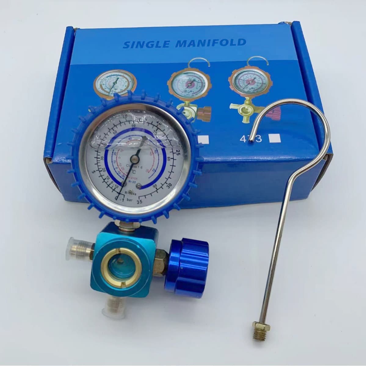 R22/R410a/R134a Aluminum Valve Body Single Oil Gauge 35kg Metal Handwheel Air Conditioner with Hook AC Accessories