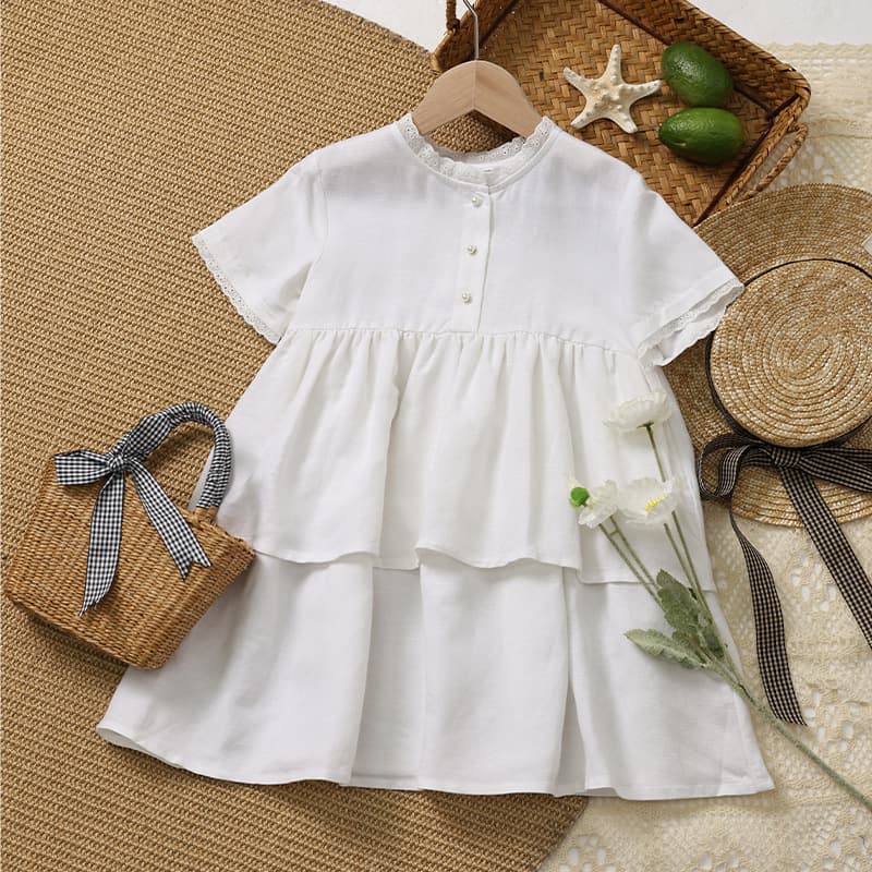Linen Lace Patchwork Double-Layer Cake Skirt Girl Summer New White Skin-Friendly Breathable Cotton-Linen Short Sleeve Dress