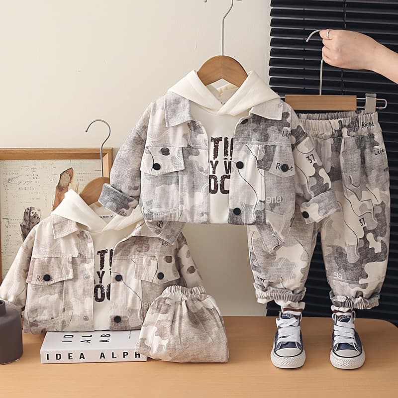 Toddler Boys' Autumn Outfit Baby Set 2026 New Trendy Infant Children's Spring/Autumn Hooded Long-Sleeve 3-Piece Set