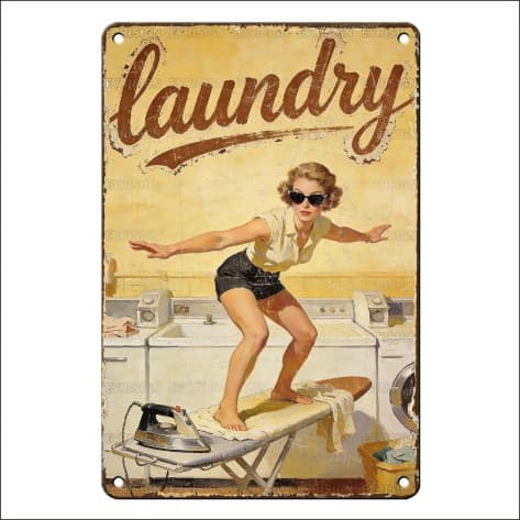 Funny Laundry Room Decor Tin Vintage Metal Poster Ladies Surf Ironing Board Wall Art