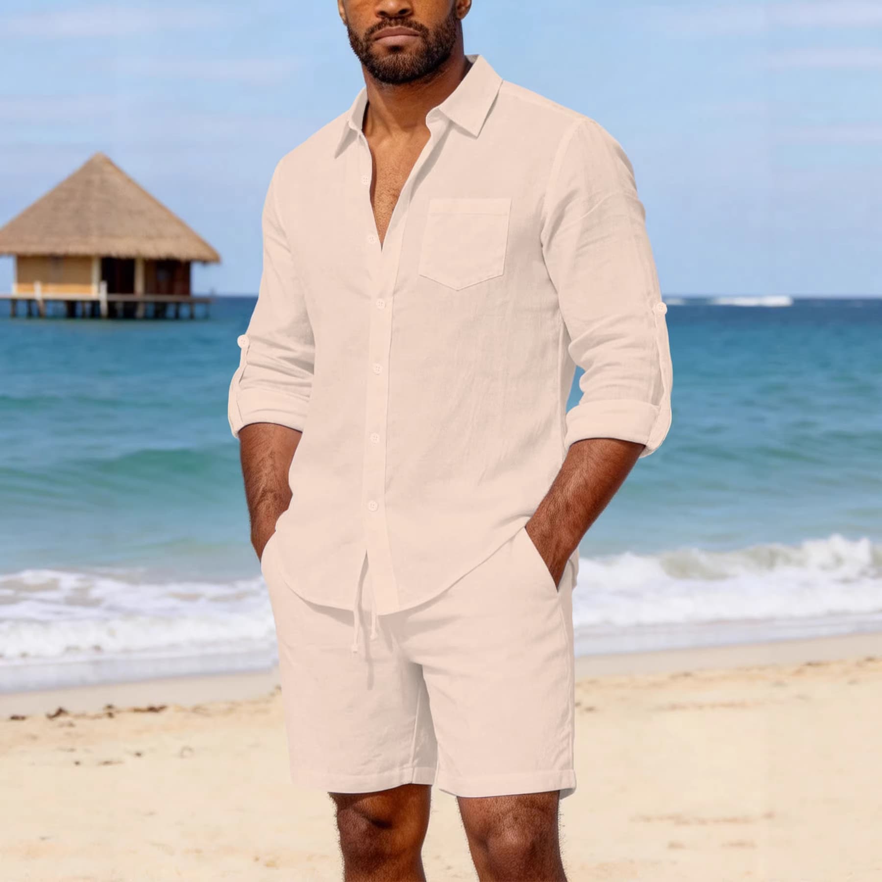 Men's New Linen Long-Sleeve Casual Top and Linen Bermuda Shorts Fashion Set
