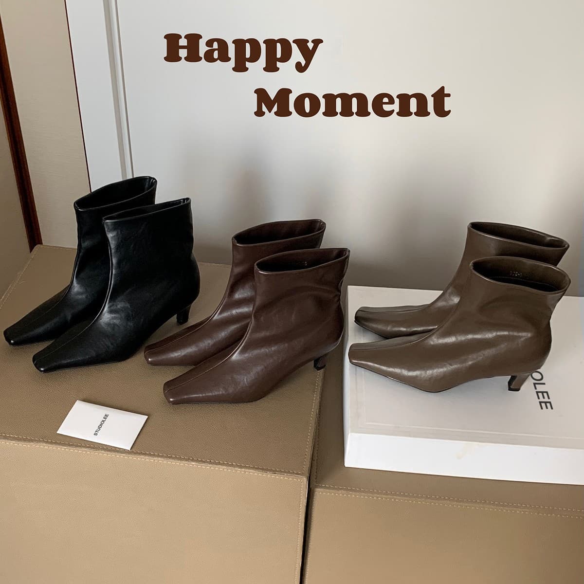 In-Stock Style Similar to Grape Mom~ Height Increase 6.5cm~ Minimalist French Square-Toe Stiletto Slim Short Ankle Boots for Women