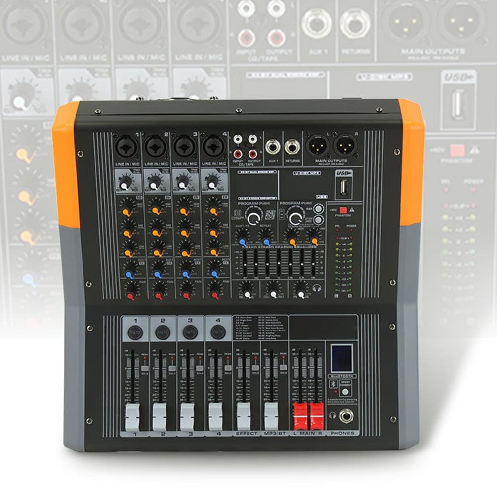 The EP4D professional mixing console features an integrated amplifier, 99 built-in DSP effects, and USB Bluetooth reverb effects.