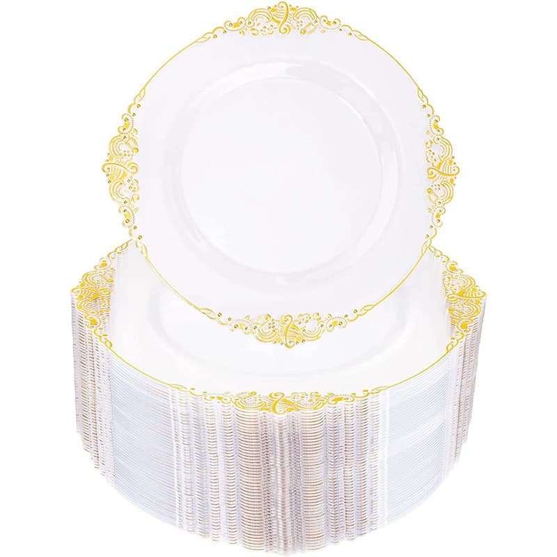 In-Stock Gold-Stamped Clear Dinner Plate Set Disposable Black Gold-Rimmed Embossed Plates PS Hard Plastic Plates Export Tableware