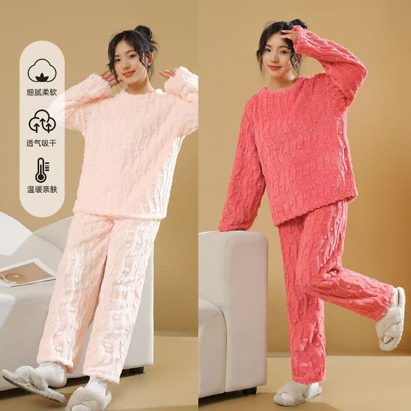 Sweet Homewear Can Be Worn Outside Set Autumn and Winter Pea Coral Fleece Thickened Warm Pajama Pants Two-Piece Set for Women