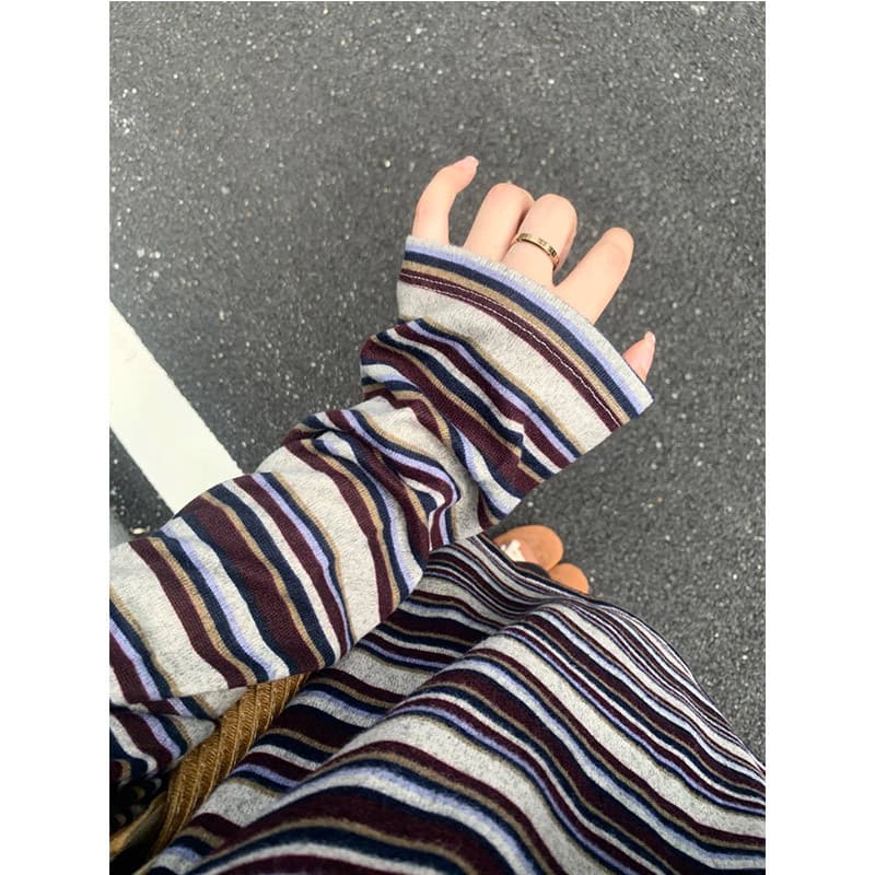 Miu Series Stripesd Aesthetic Retro Lazy Stripesd Contrasting Round Neck Long-Sleeved T-Shirt Women's Autumn Loose Top Casual and Versatile