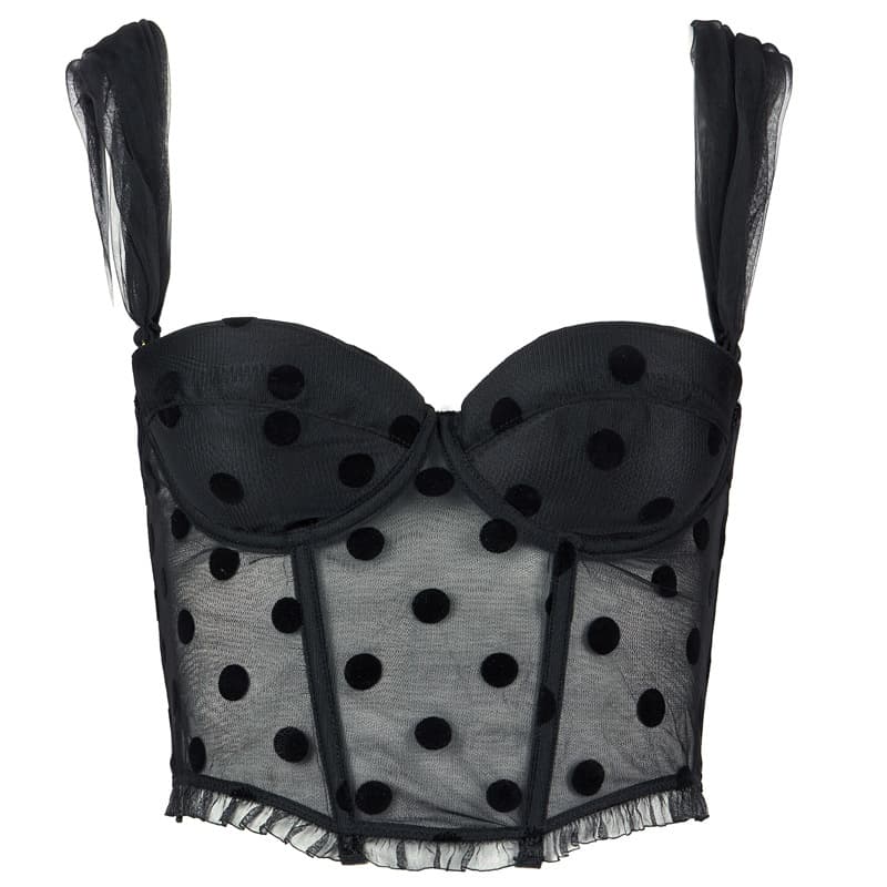 FQ2775 flocked polka dot non-stretch mesh sponge padded fishbone corset, removable mesh straps, stylish outfit.