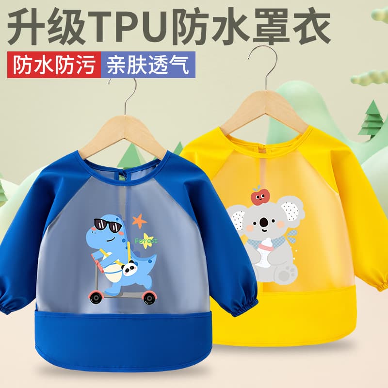 Waterproof Baby Bib for Eating, Autumn Toddler Smock, Long-Sleeve Anti-Soil Kids Apron, Infant Reversible Protective Clothing