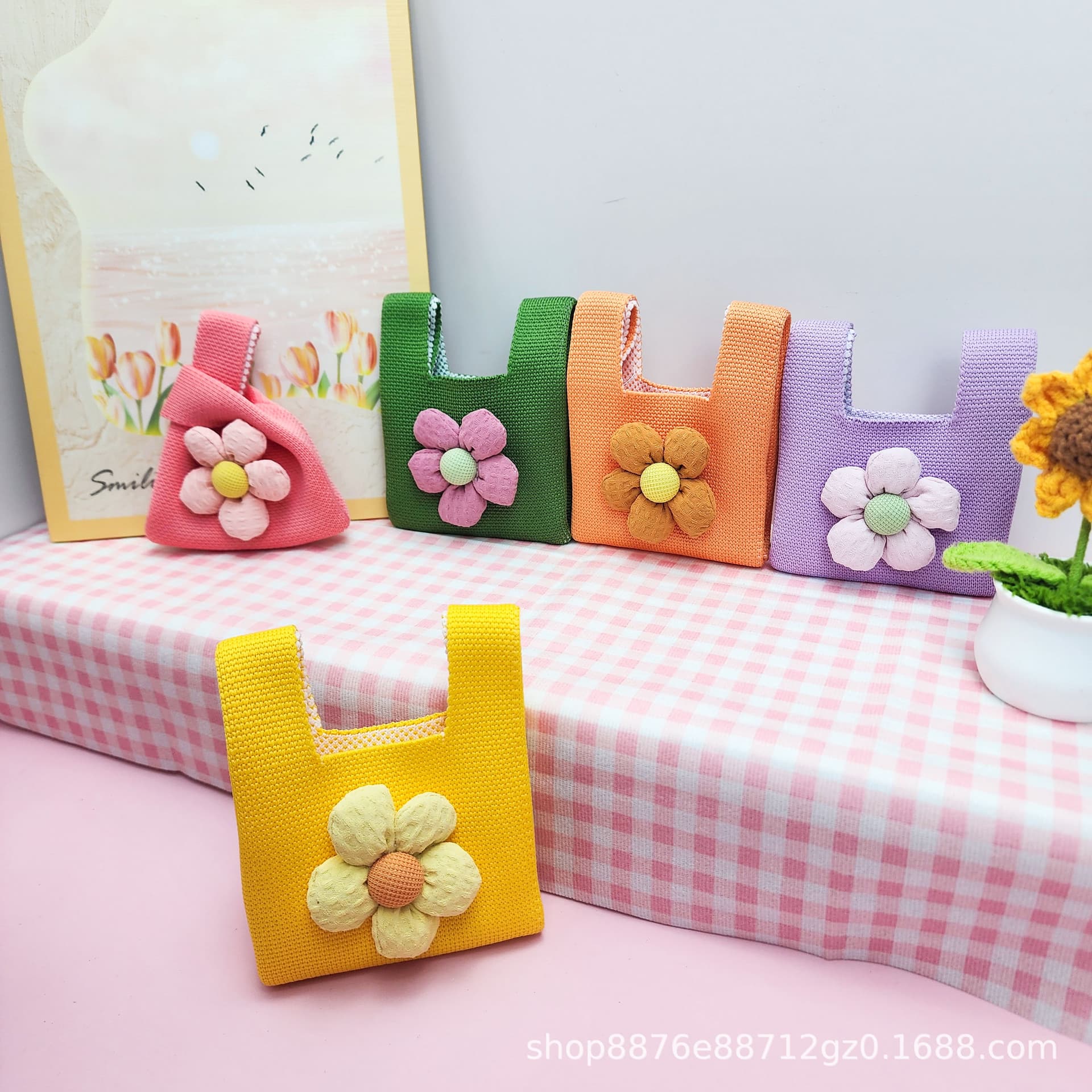 Flower Small Square Bag Coin Purse Multifunctional Coin Headset Mouth Red Bag Storage Bag Keychain Children's School Bag Hanging Accessories