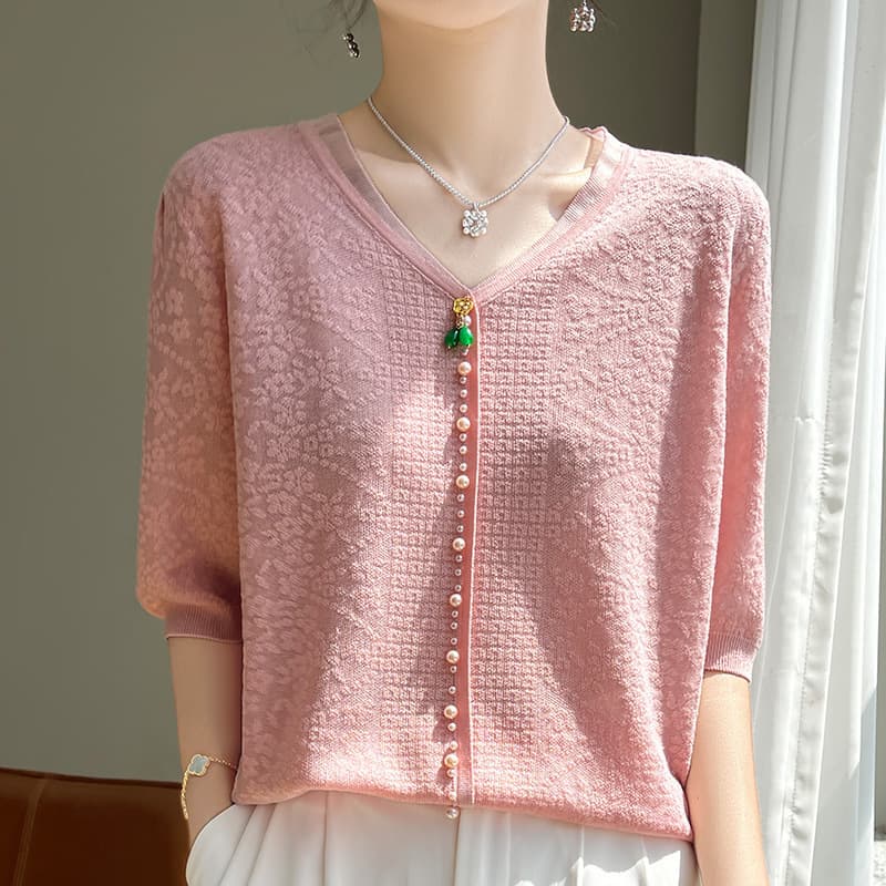 24 new summer style foreign-style beaded loose T-shirt women's quarter-sleeved bottoming top fine imitation knitted sweater short-sleeved