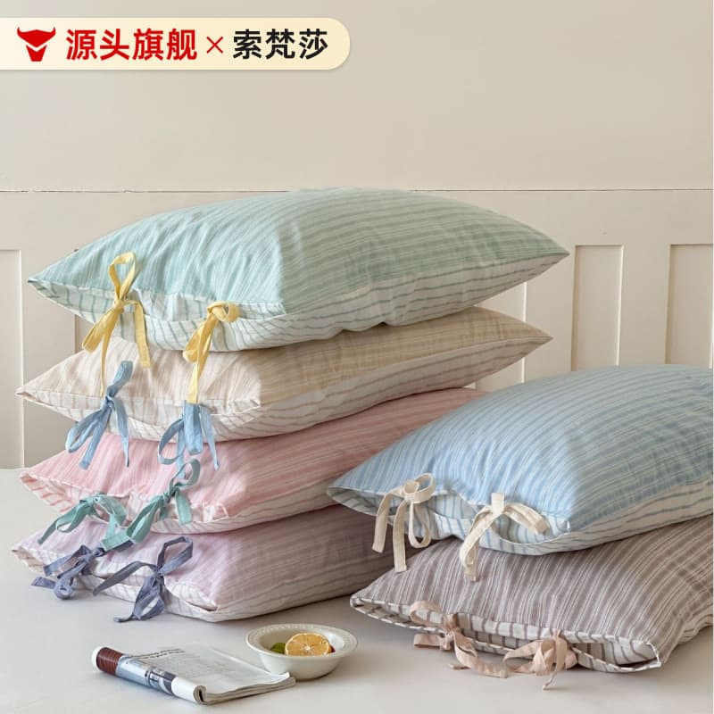 Single product pure cotton pillowcase ins striped bow tie small fresh pillow cover 48*74cm Korean wholesale manufacturer
