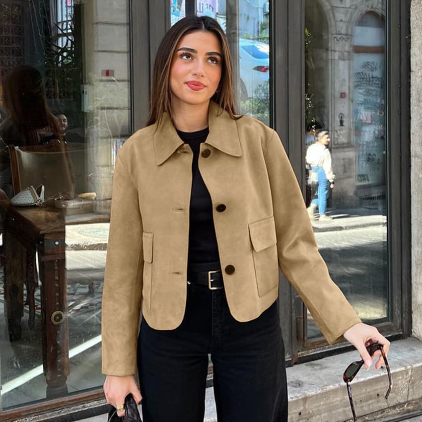 2025 Autumn Fashion Brown Suede Jacket for Women Commuter Versatile Lapel Blouse Top European and American Export Women's Clothing