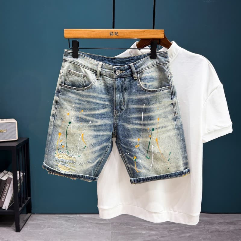 Denim style splash ink printing and dyeing retro personalized denim shorts for men 2026 summer new fashion brand five-quarter pants