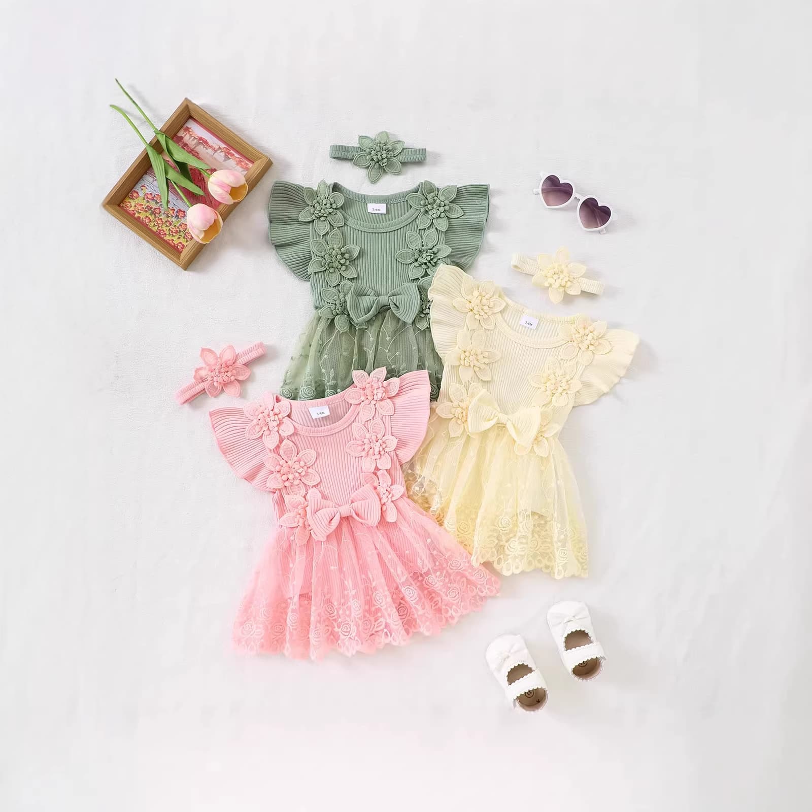 Korean-style Summer Baby Girl Lace Cotton Flutter Sleeve Bodysuit, Princess Lace Dress