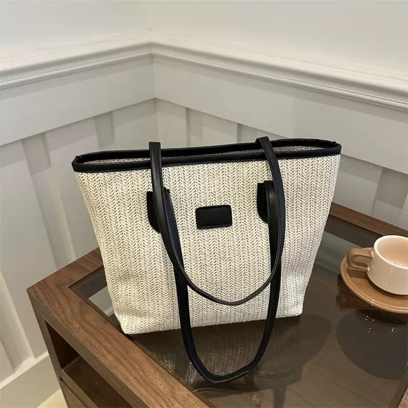 New Resort-Style Straw Woven Bag Shoulder Bag Tote Bag Large Capacity Zipper Casual Handbag Woven Bag Bohemian Style