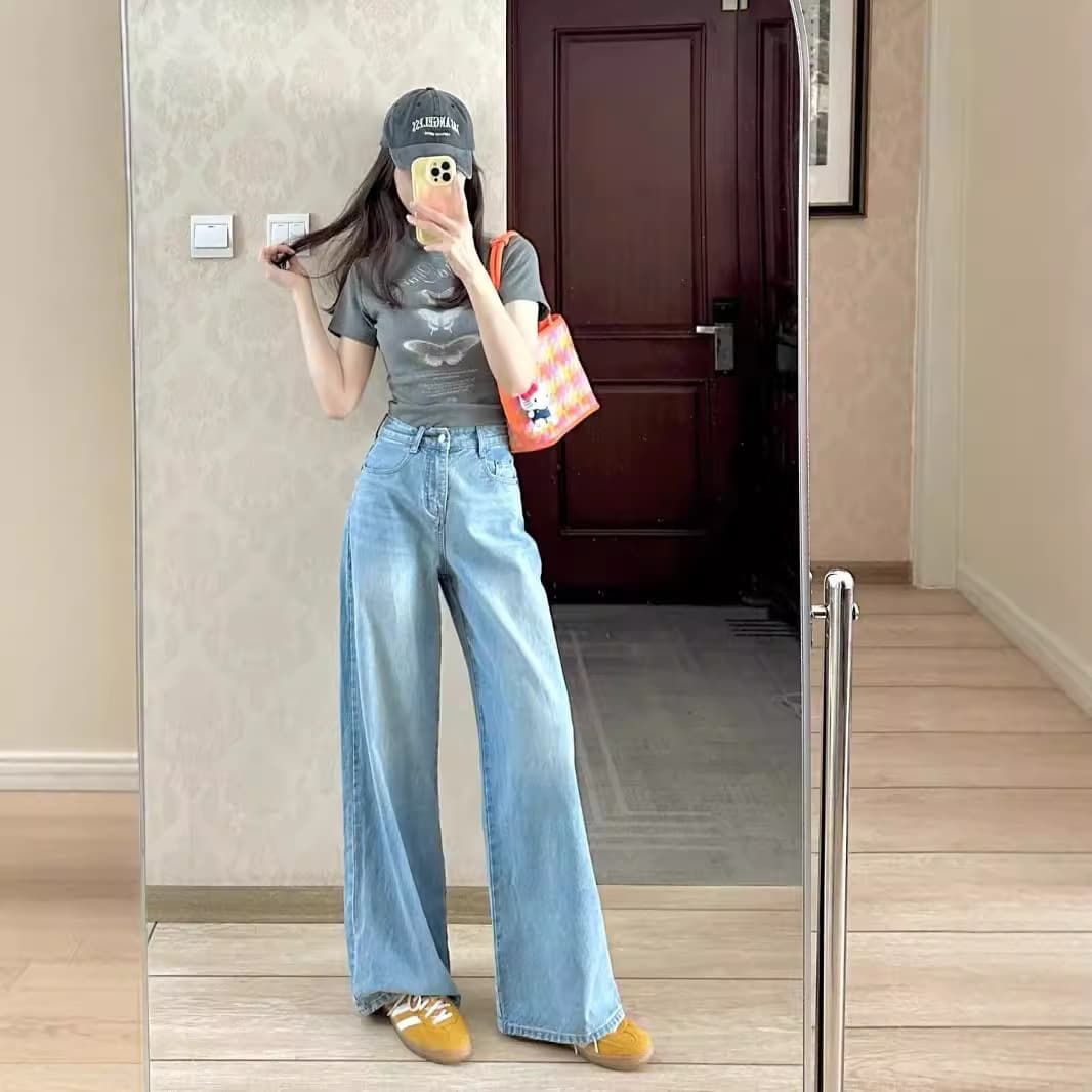 American Vintage Washed Flare Jeans for Women 2024 Spring/Autumn Thin High-Waist Slim Wide-Leg Floor-Length Trousers Trendy