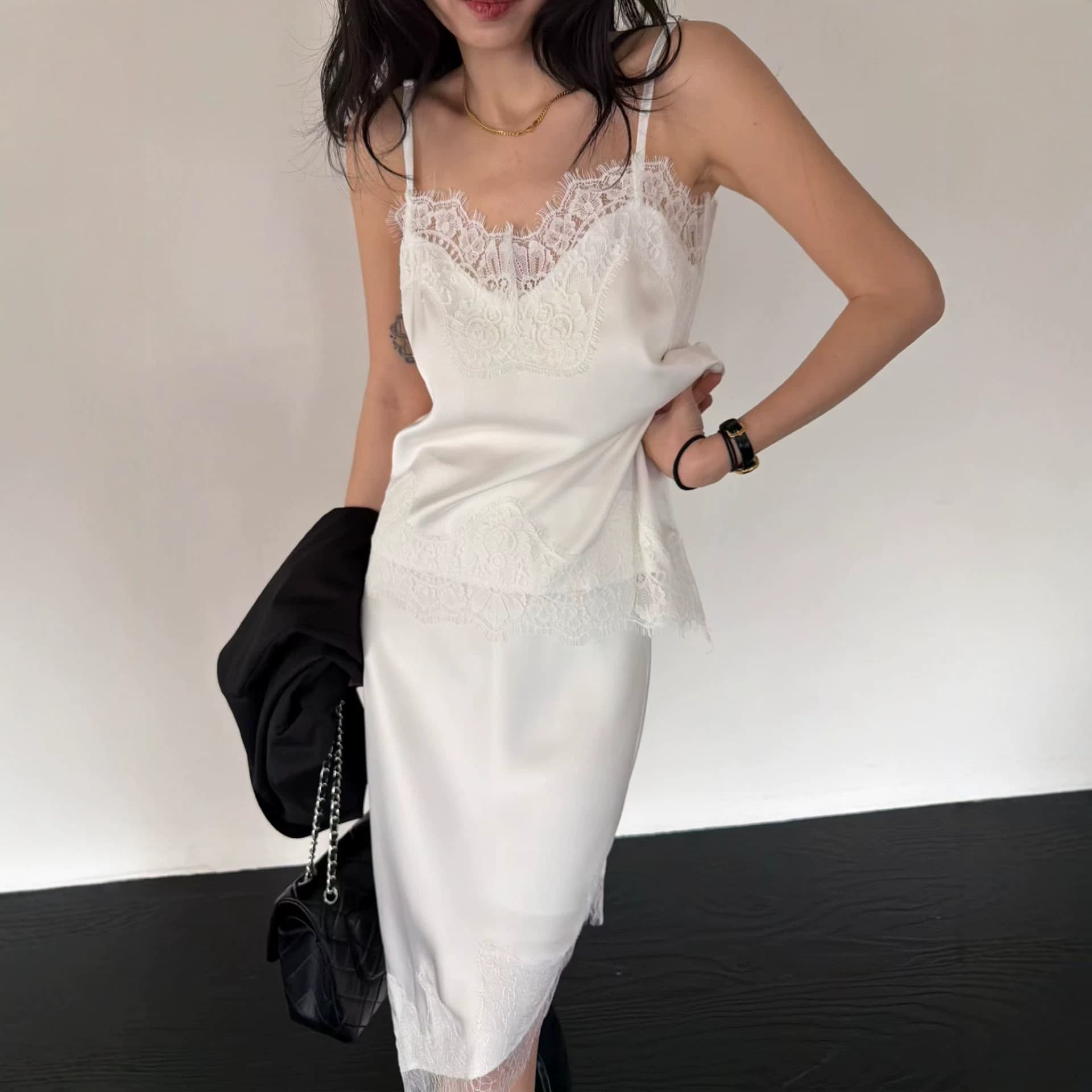 Korean Ins 2026 Summer New French Style Versatile Lace Satin Fashion Irregular Camisole Top