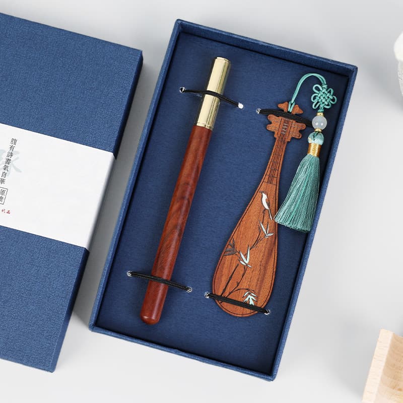 Rosewood Pipa Bookmark, Sandalwood Flower and Bird Bookmark, Chinese Style Bookmark, Customizable LOGO, Creative Guqin Bookmark Set