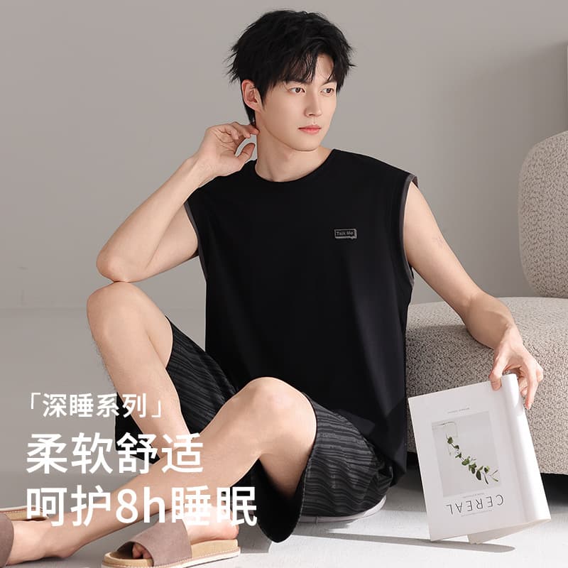 Men's Summer Thin Cotton Vest and Shorts Pajama Set, Cooling Feel, Casual Wear, Plus Size Homewear