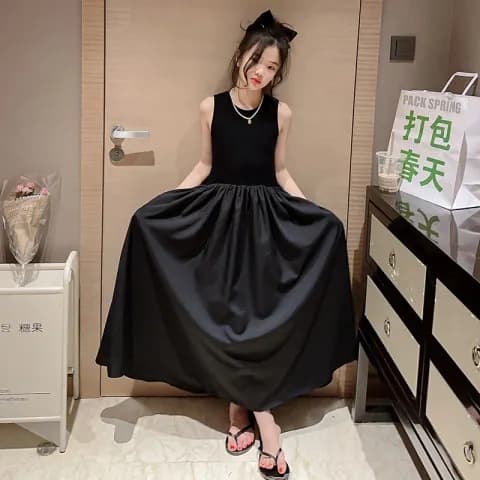 Summer Dress for Girls Fashionable Black Long Dress Girls Vest Dress Trendy Children's Dress