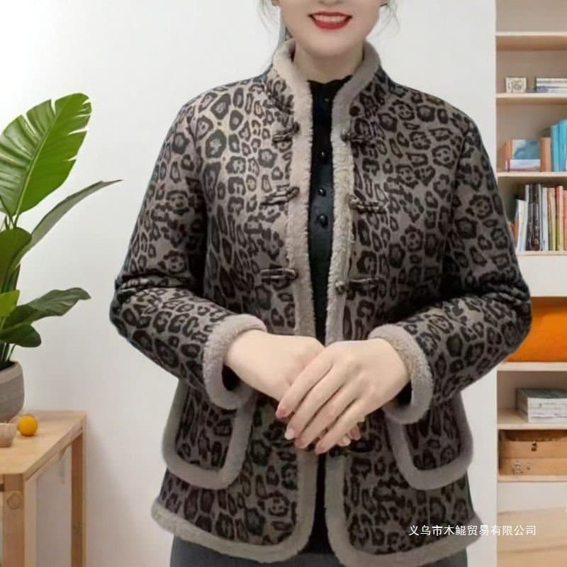 Winter New Style Mother Middle-aged Fleece-lined Thickened Cotton Coat Warm Floral Chinese Frog Button Outerwear Cotton Padded Coat Women