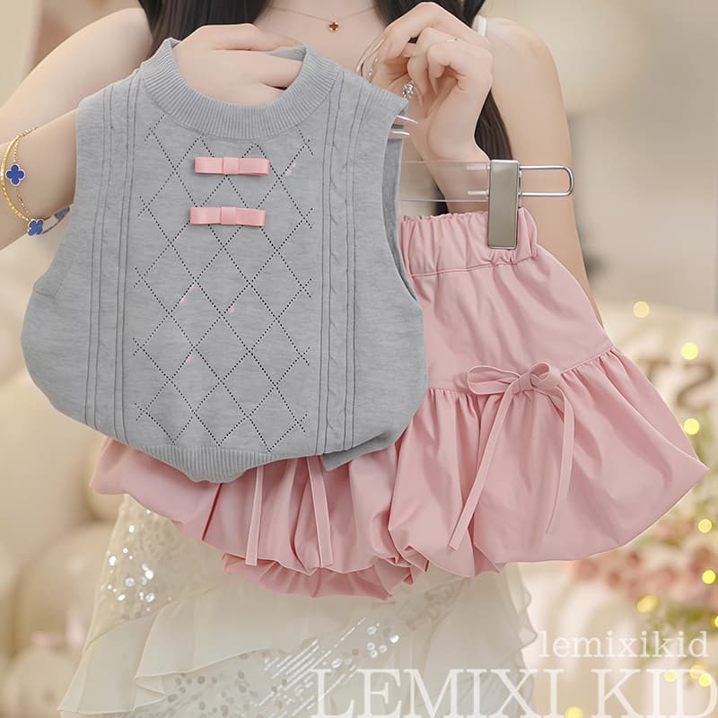 Girls' Sleeveless Bubble Shorts Set 2026 New Summer Knit Vest T-Shirt Bow Skirt Pants Sweet