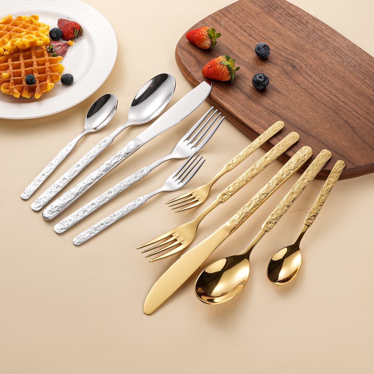 Cross-border 430 Ice Crack Pattern Western Cutlery Knife Fork Spoon Set Household Hotel Western Restaurant Light Luxury Steak Knife Fork Spoon