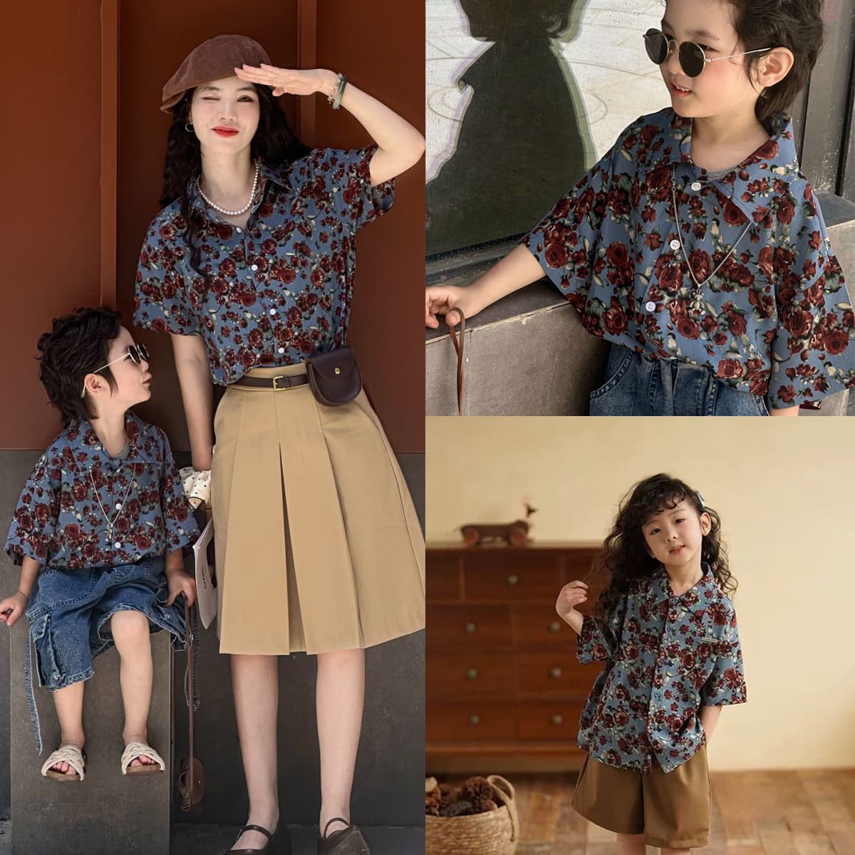 Parent-Child Matching Summer 26 Style Vintage Hong Kong Floral Shirt Casual Top for Kids Vacation Outwear