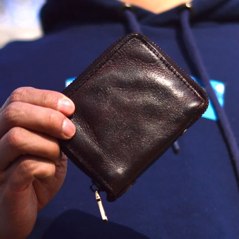 Men's Genuine Leather Wallet Zipper Short Vertical Wallet Small Handmade Vegetable-Tanned Full-Grain Cowhide Vintage Retro