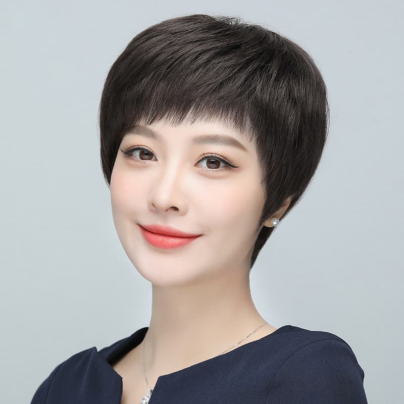 Hand-woven Short Wig for Mothers, Real Hair, Lightweight and Breathable Full Cap for Middle-Aged and Elderly Women