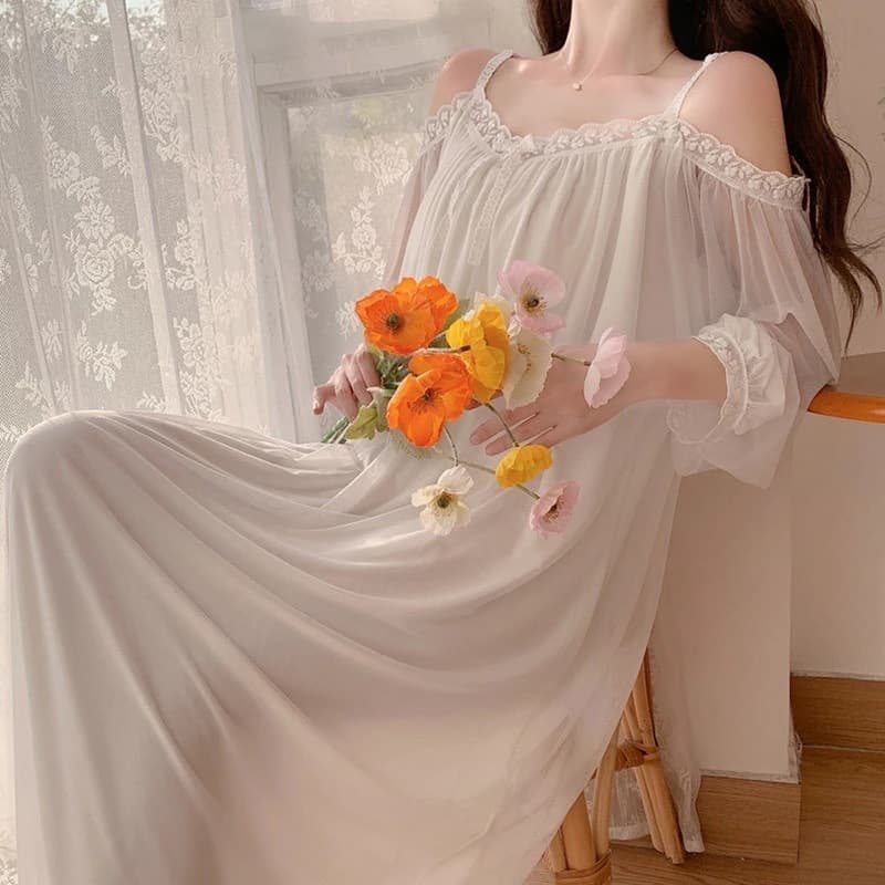 One-Shoulder Lace Trim Sleep Dress with Chest Pad Ultra-Long Pure Desire Sexy White Nightgown Home Comfort Women's Sleepwear