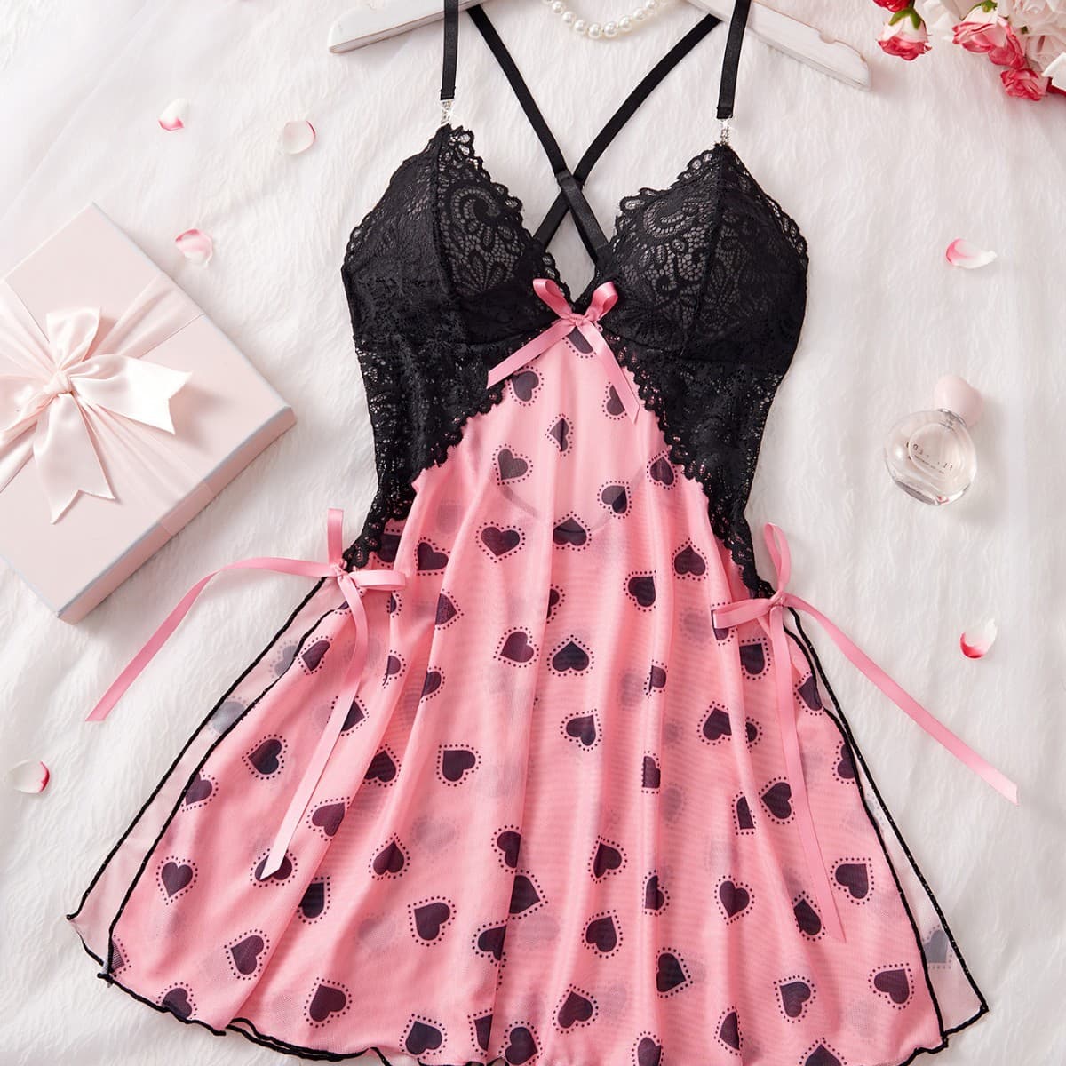 New Cross-Border Foreign Trade Amazon European and American Sexy Heart-Print Women's Nightdress with Camisole Sexy Pajamas