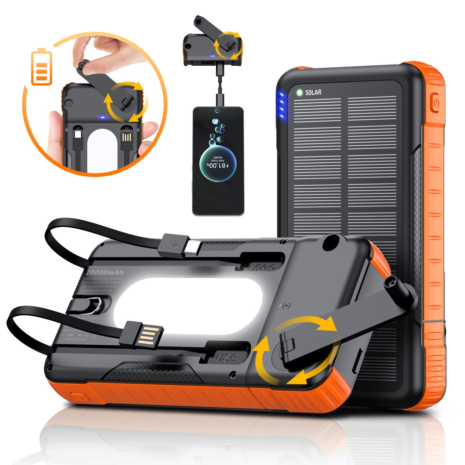 New Detachable Hand Crank Solar Power Bank, Hand Generator Mobile Power, Large Capacity Outdoor Emergency Portable