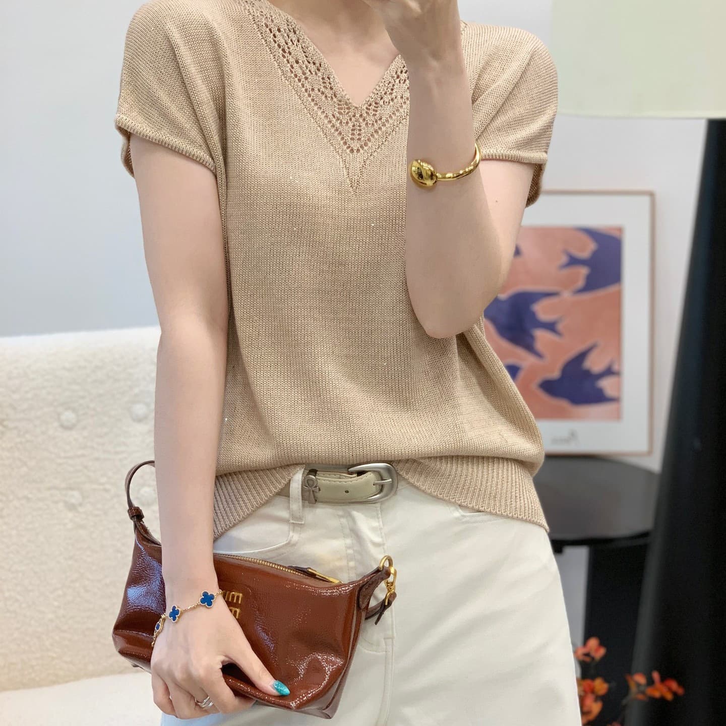 Plus Size V-Neck Cutout Short Sleeve T-Shirt for Women, Summer Loose Fit Slimming Vest Top