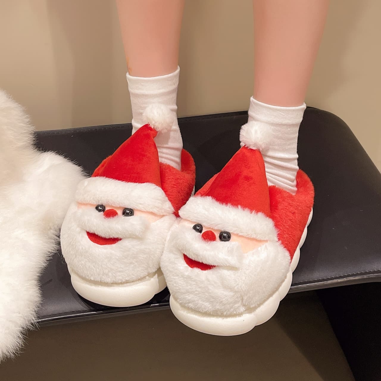 Women's Slippers Cross-Border Supply Thick Sole Non-Slip Couples Cotton Slippers Home Santa Claus Fuzzy Slippers