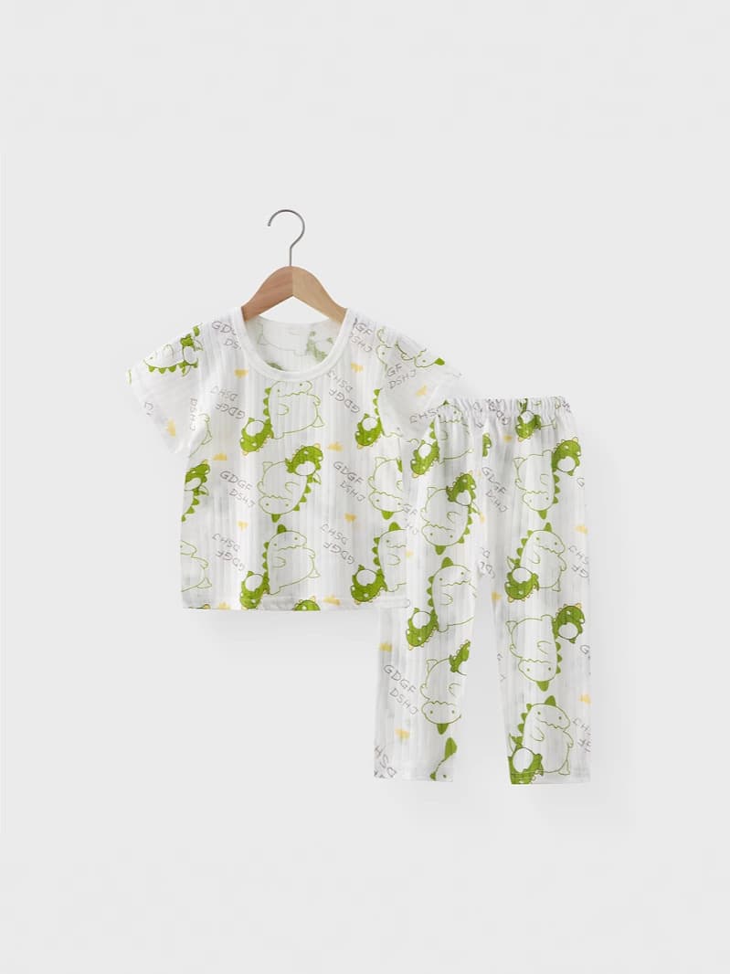 Children's Cotton Homewear Air Conditioning Suit Boys Girls Pajama Set Class A Summer Short Sleeve Cropped Pants Round Neck