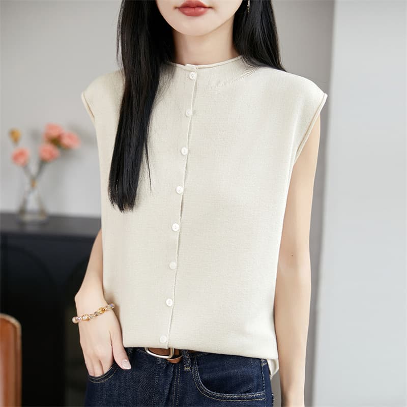 French Sleeveless Cardigan Women's Knit Vest New Design Button Half High Neck Camisole Top
