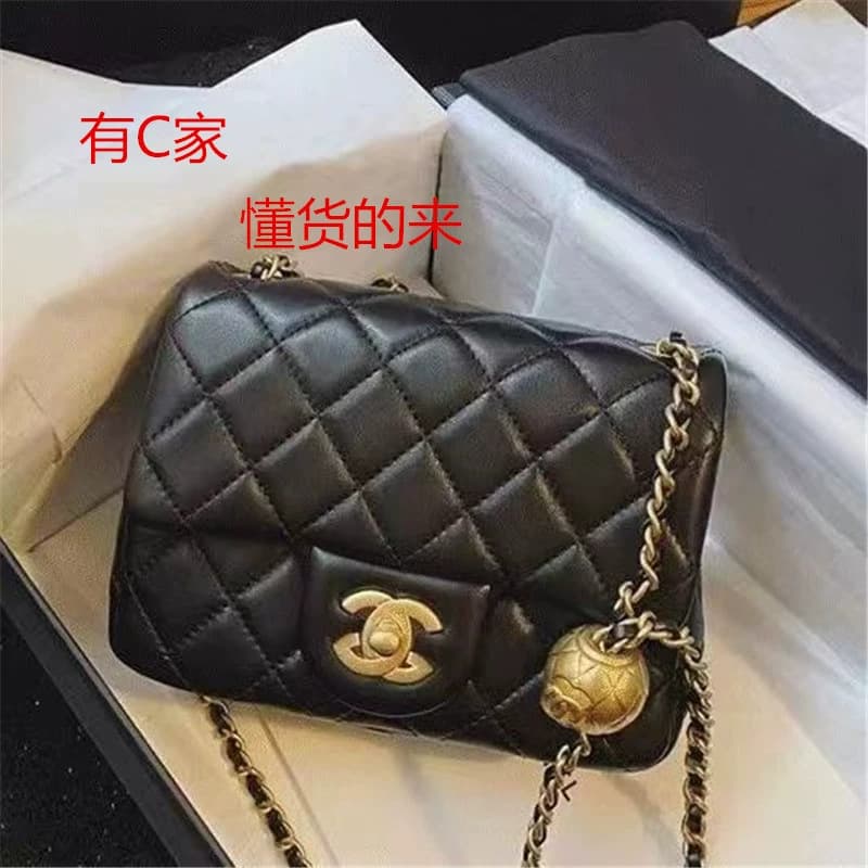2025 New C Family Genuine Leather Black Small Gold Ball Diamond Plaid Chain Bag Square Fatty Crossbody Bag Shoulder Bag Women's Bag