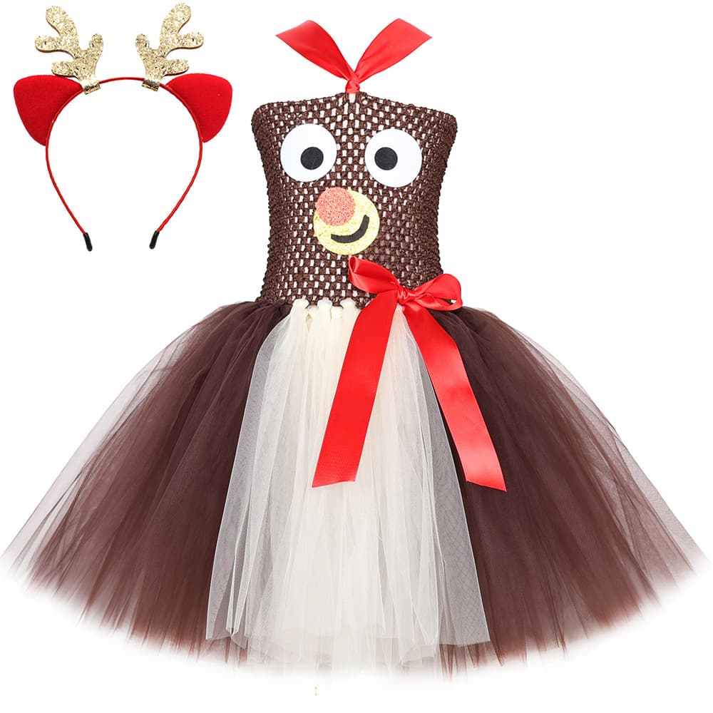 Rudolph Reindeer Christmas Costume Children's Cartoon Deer Mesh Dress Girls Animal Playing Tutu Skirt