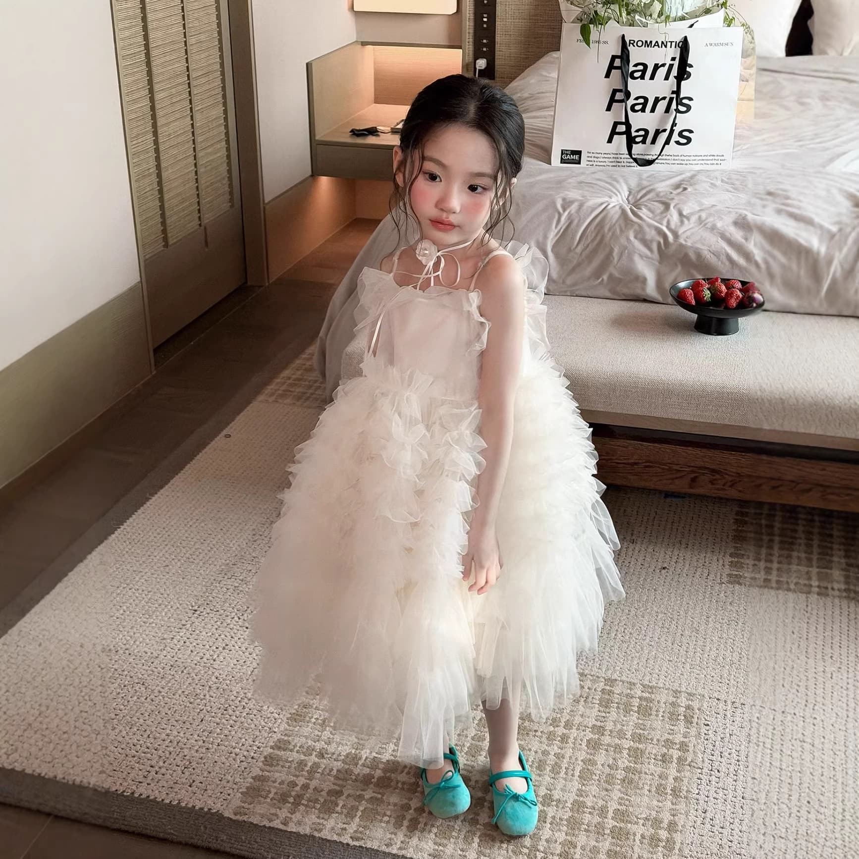 Girls Blue Layered Tulle Dress Children's Strapless Cake Skirt Birthday Party Elegant Princess Dress Long Dress