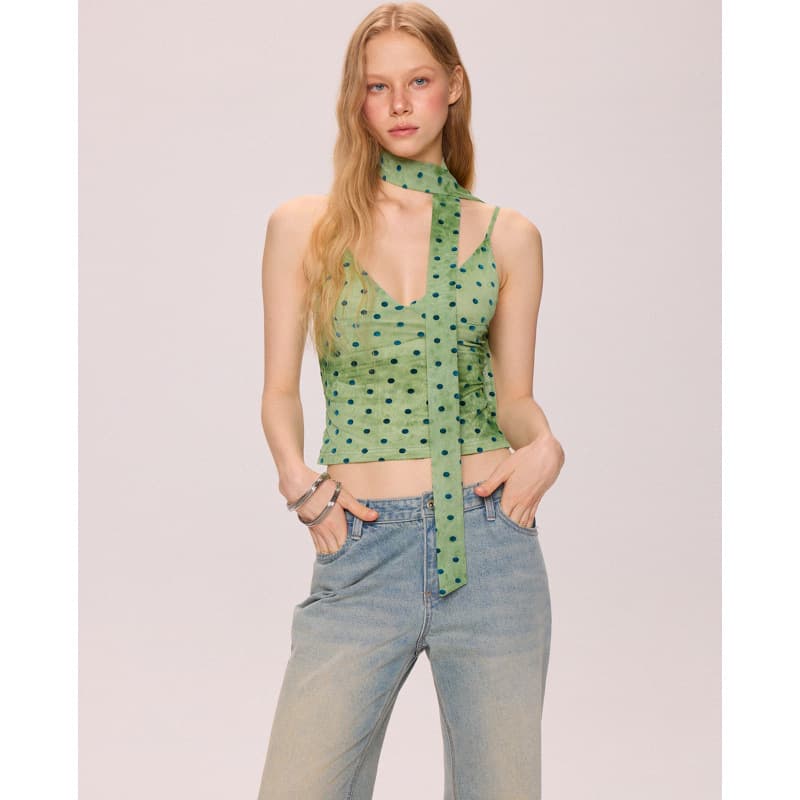 In Stock Green Polka Dot V-Neck Backless Ribbon Design Camisole Top for Women, Layering or Outerwear, Trendy Sleeveless Blouse