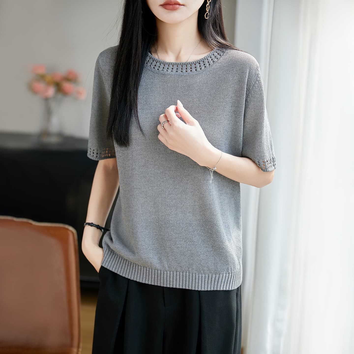 Japanese yarn round neck sweater short-sleeved hollow solid color loose bottoming shirt 2026 spring and summer new top T-shirt