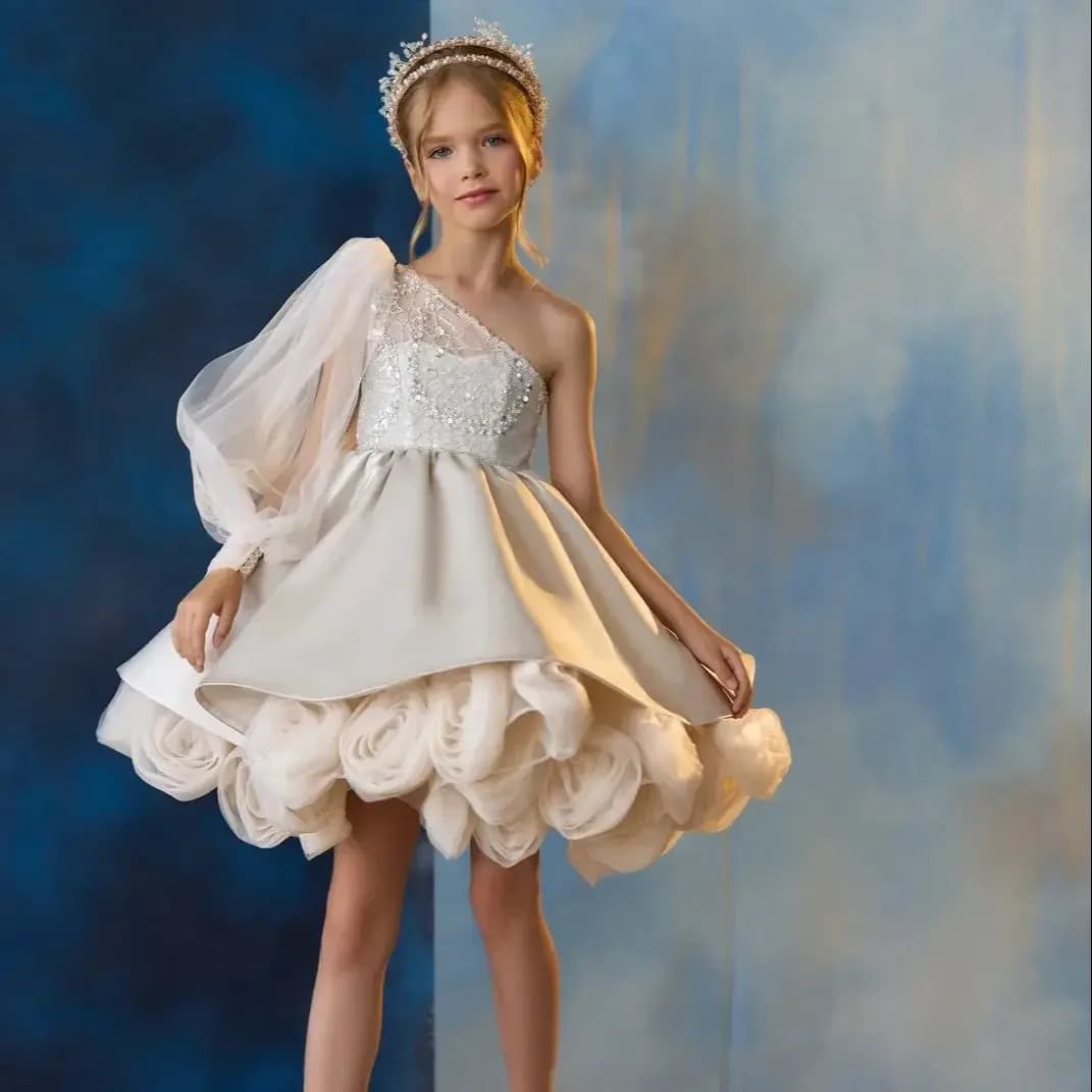 Children's One-Shoulder Design Dress for Girls, High-End Runway Show, Little Host Elegant Tulle Skirt, Flower Girl Unique Dress