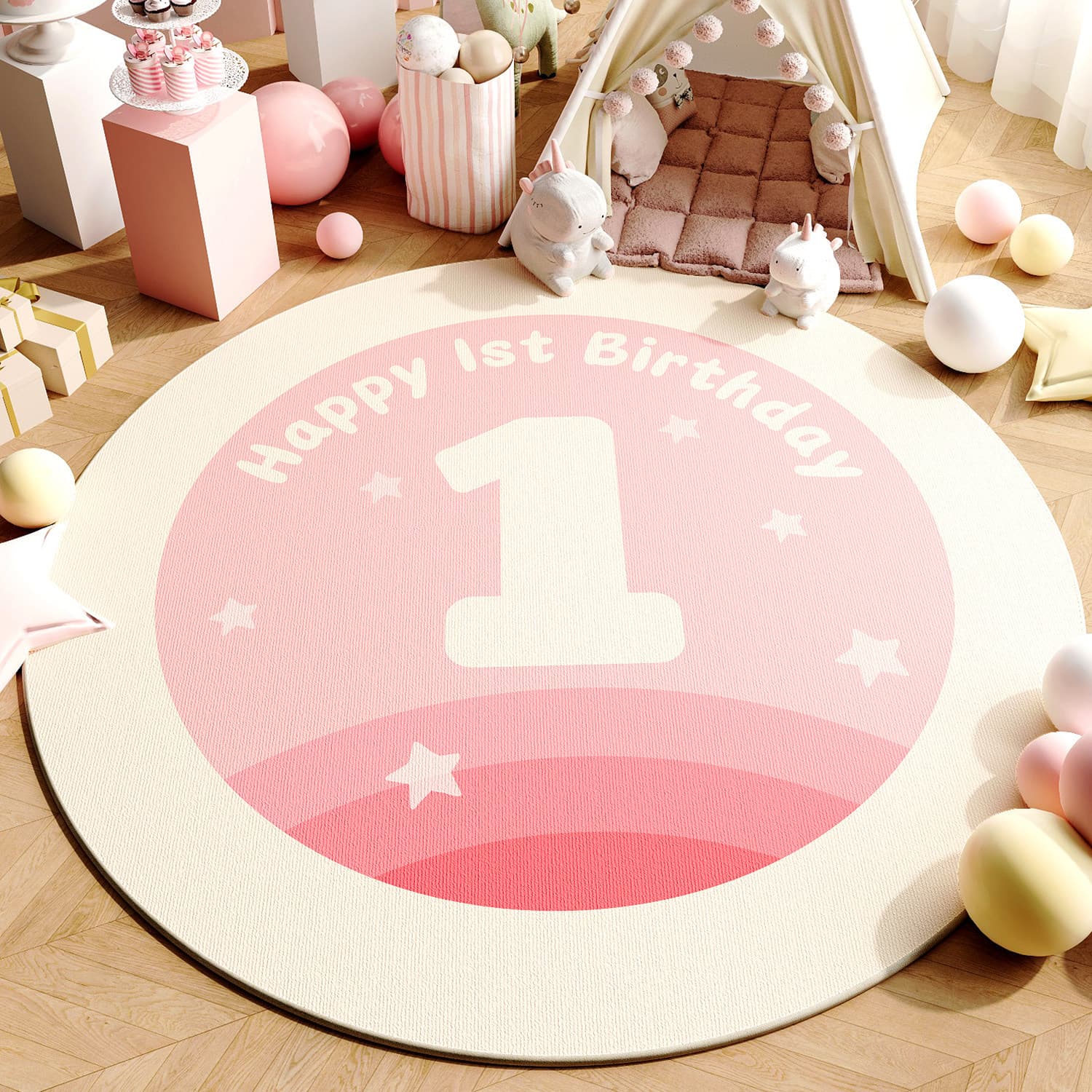 In Stock Cartoon-Style One-Year-Old Grabbing Ceremony Round Crystal Velvet Carpet, Cute Atmosphere Decorative Carpet, Factory Direct