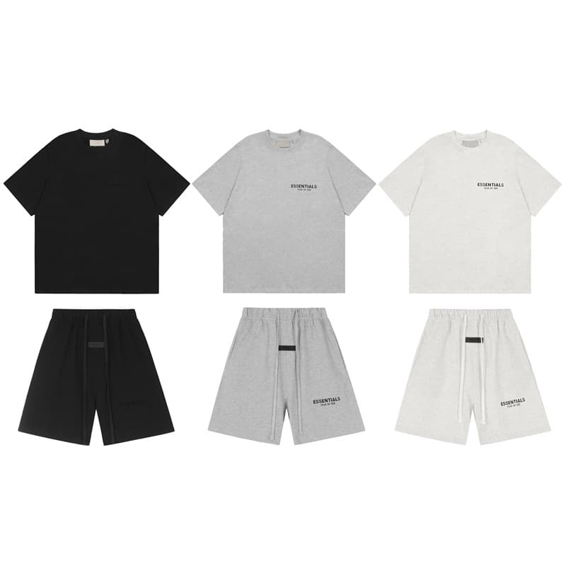 Cross-border Summer FOG Double-Line ESSENTIALS Flocked Letter Print Short-Sleeve T-Shirt for Men and Women, Loose Shorts Set