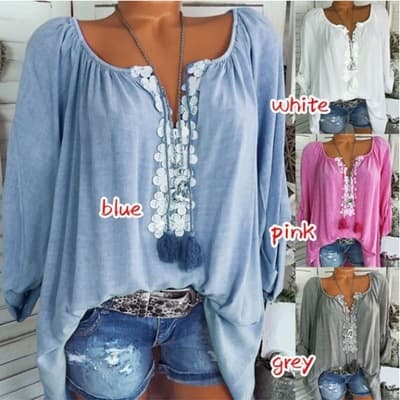 Cross-Border Wish Amazon Ebay European and American One-Shoulder Lace Women's Blouse Long-Sleeve Patchwork Roll-Up Sleeve Women's Shirt