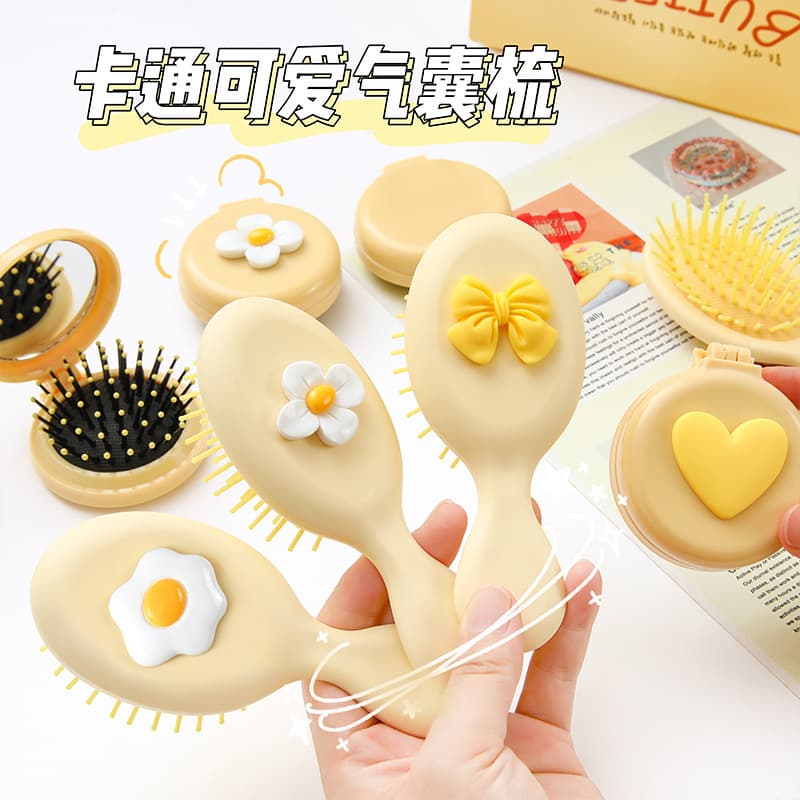 Mini All-in-One Cushion Hairbrush with Mirror, Cute Cartoon Foldable Air Cushion Comb, Small Travel Massage Comb for Dormitory
