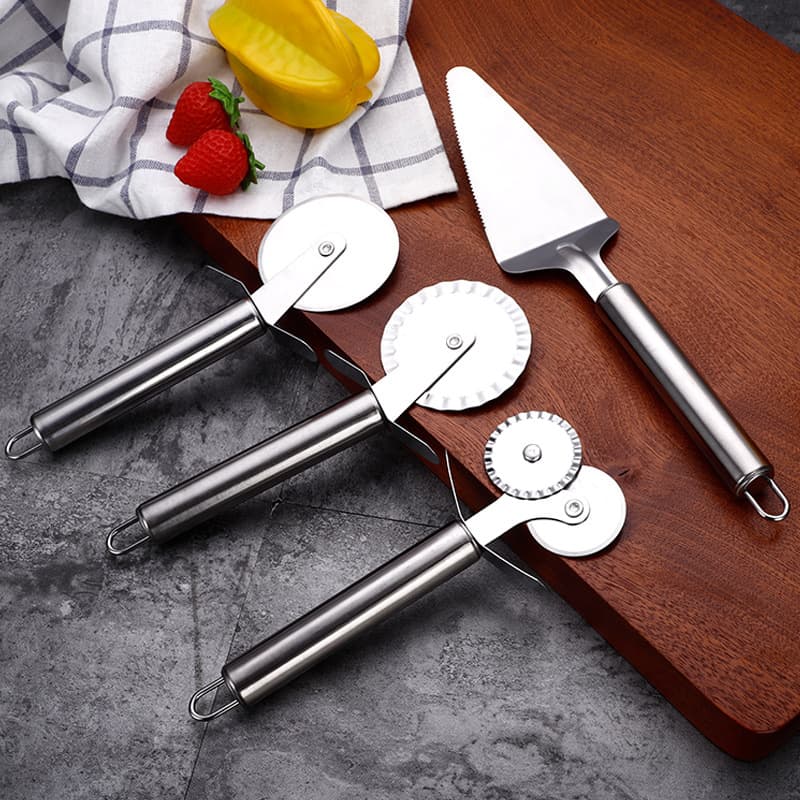 Kitchen Gadget Cheesecake Spatula Stainless Steel, Baking Tool Double-wheel Pizza Cutter with Rolling Blade
