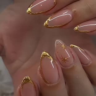 New Export Wearable Nails Almond Shape Gold Star Ins Style Nail Stickers 30 Pieces Gold Foil Craft Fake Nails
